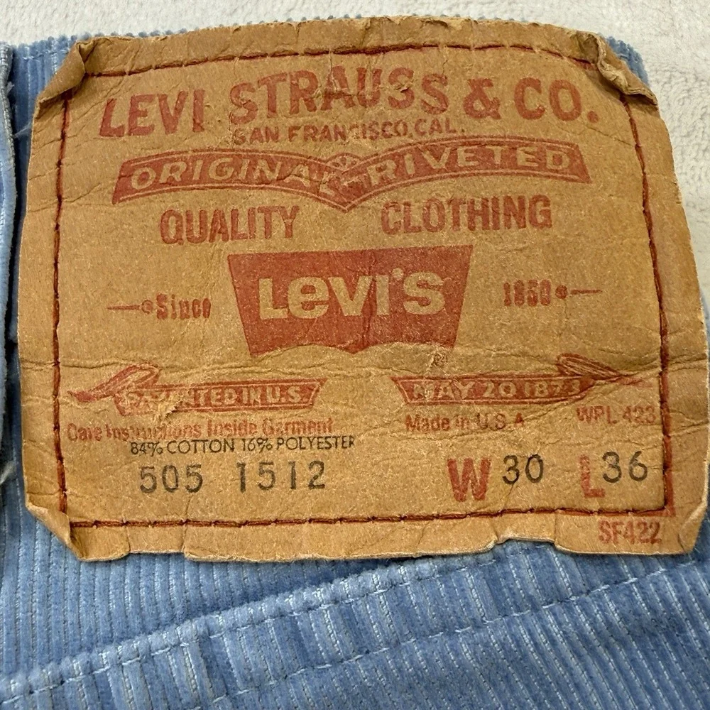 Vintage 1978 Levis 505 Light‎ Blue Corduroy Pants USA 30x36 Straight
